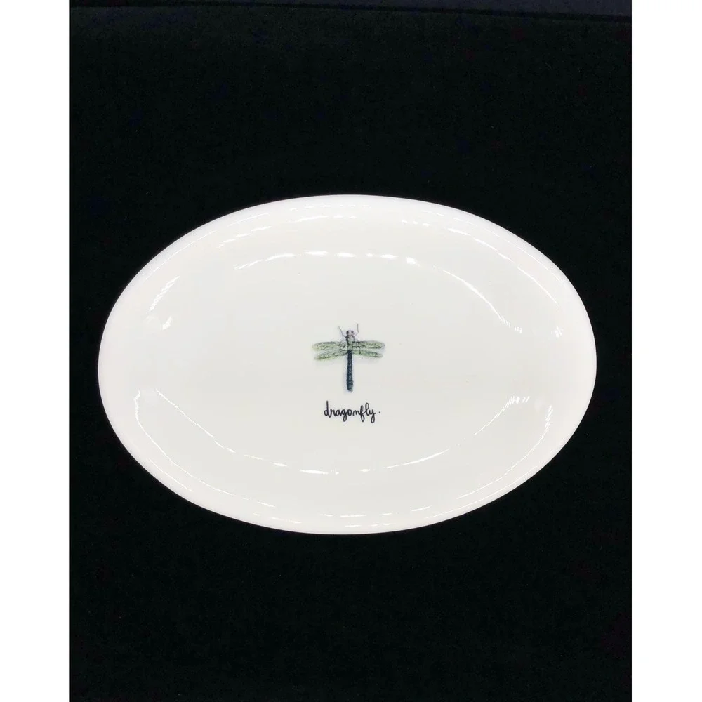 Rae Dunn Artisan Collection Dragonfly Oval Ceramic Trinket Dish White Magenta